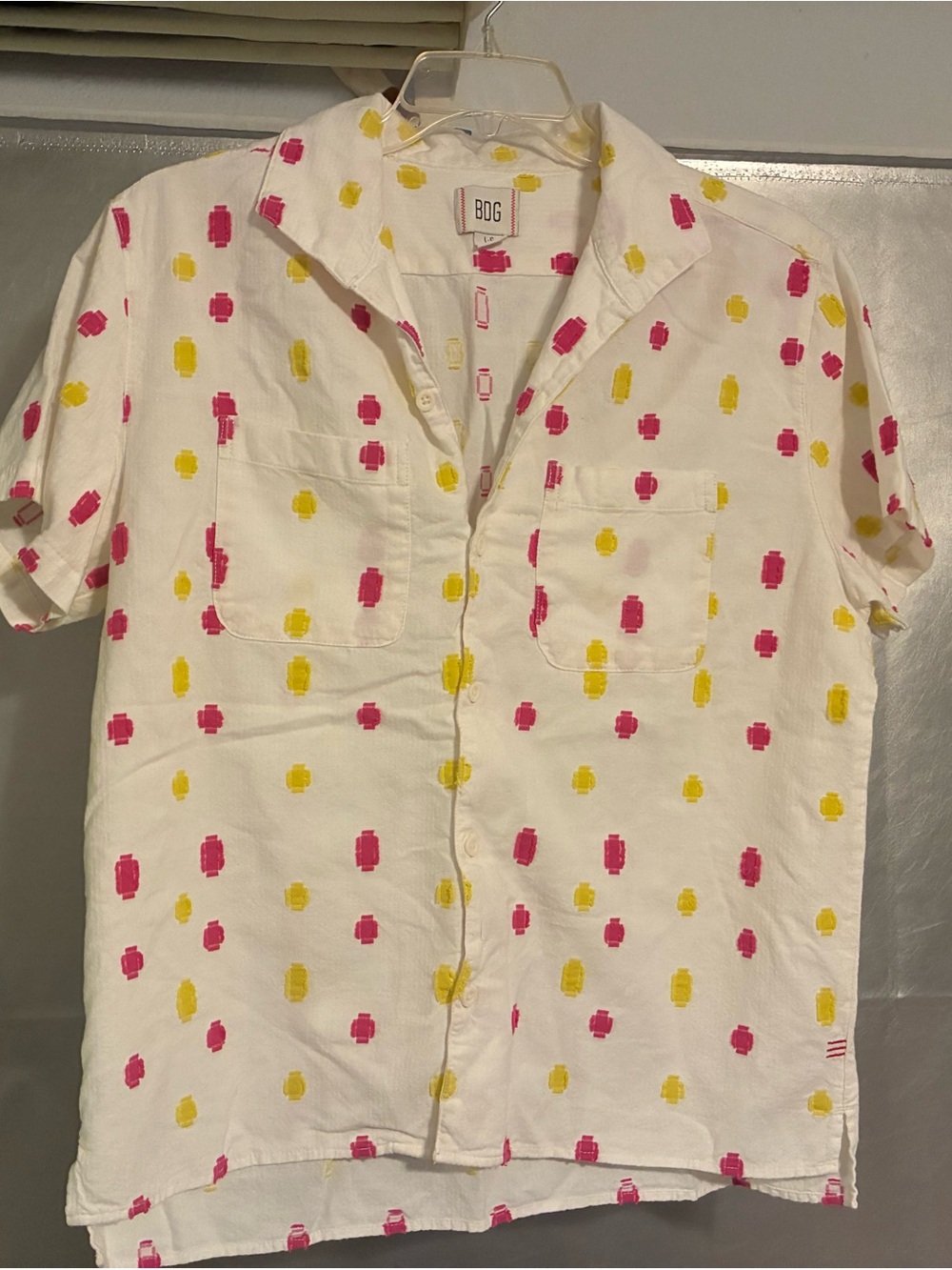 Urban Outfitters- BDG White Short Sleeve Button-Up with Pink & Yellow Dots